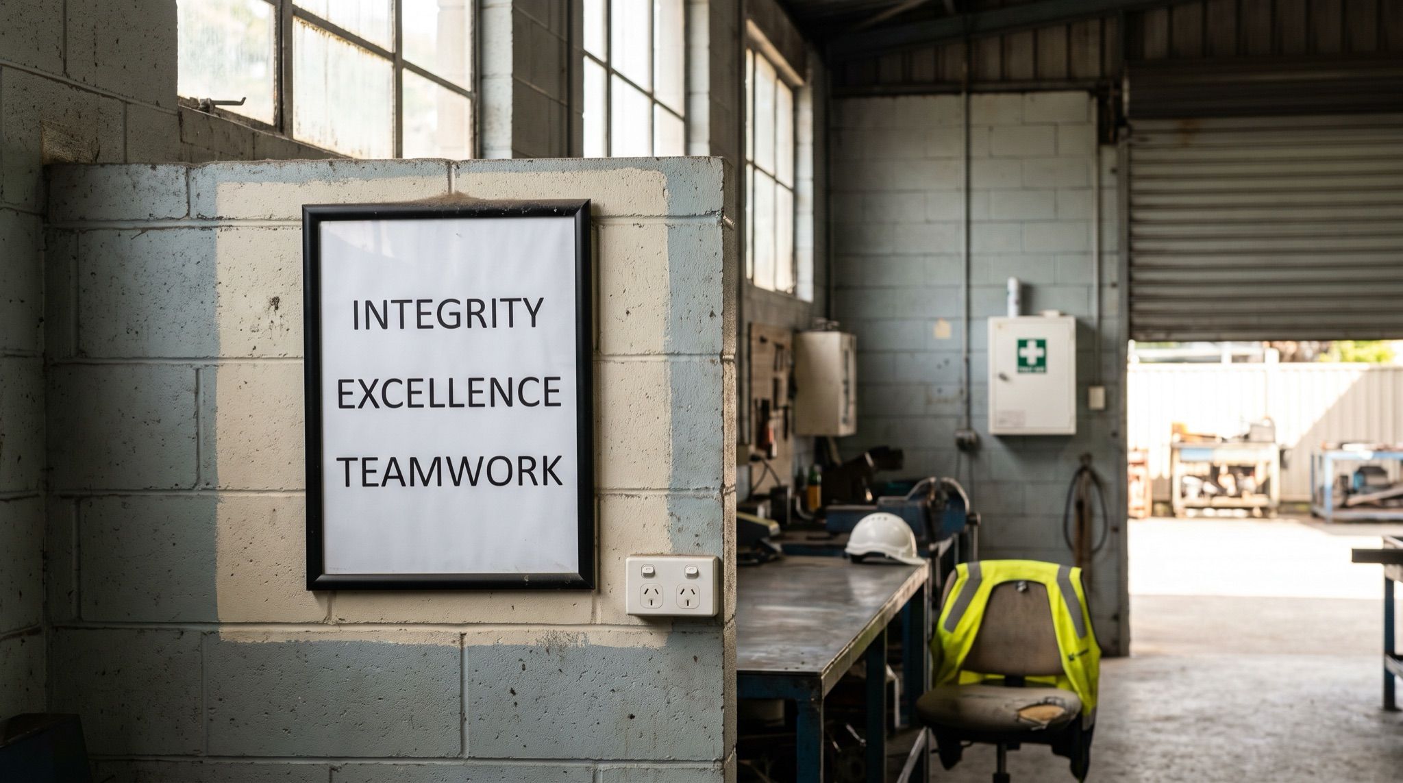 A framed poster reading INTEGRITY, EXCELLENCE, TEAMWORK on the wall of an empty Australian workshop