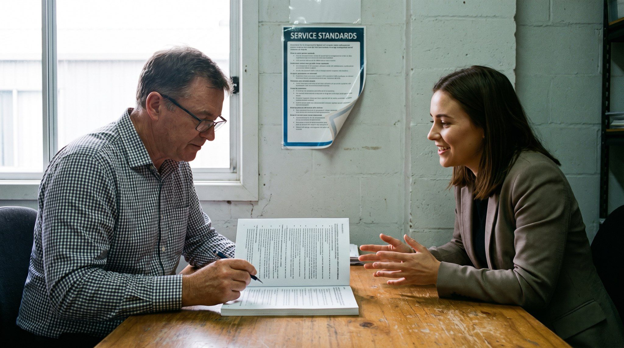 A manager in a back-of-house office reading down a long printed job specification while the candidate opposite him is mid-story and animated, her hands moving