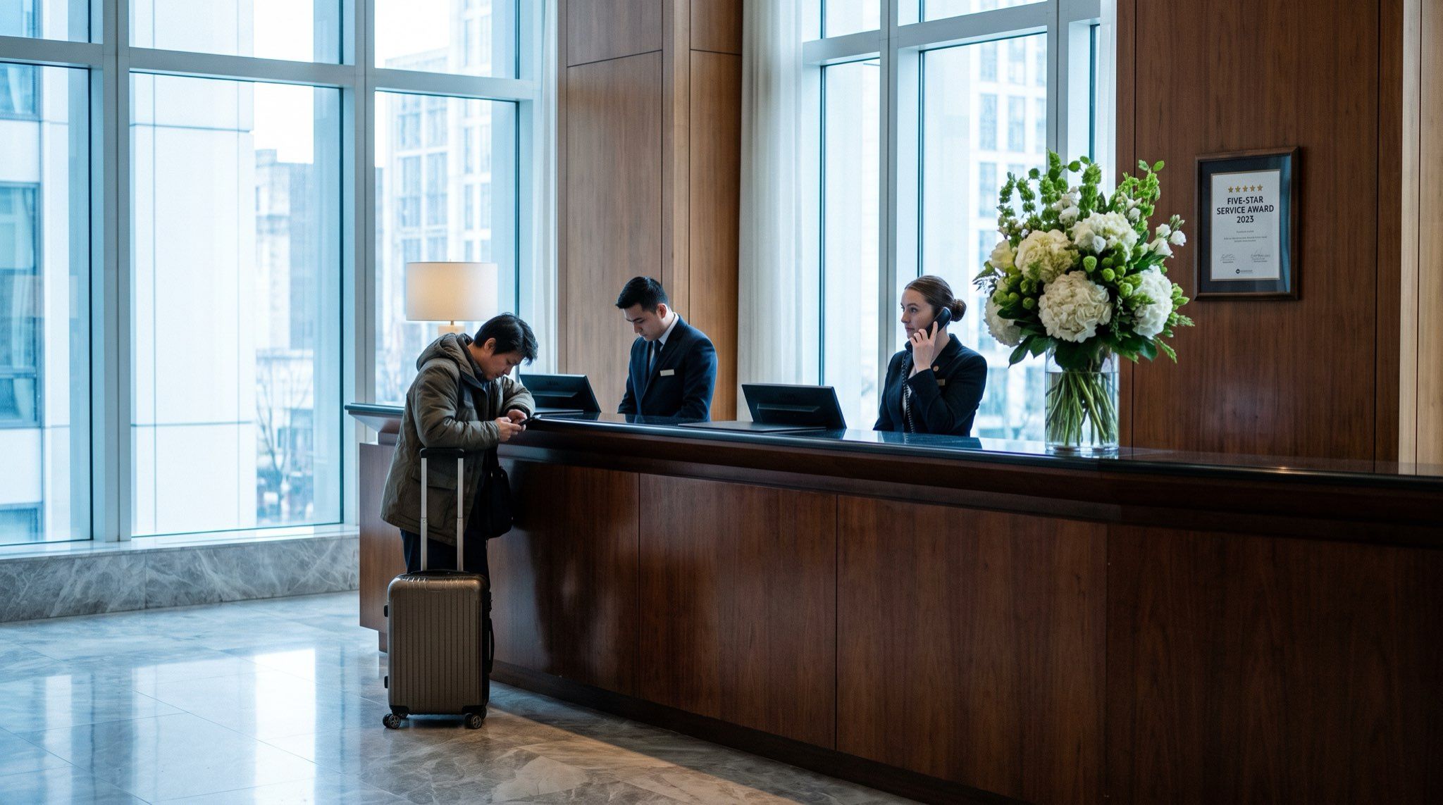 A hotel reception desk at lunchtime, one agent on the phone and the other looking down at a screen, neither looking up at the guest waiting in front of them in an expensively finished lobby