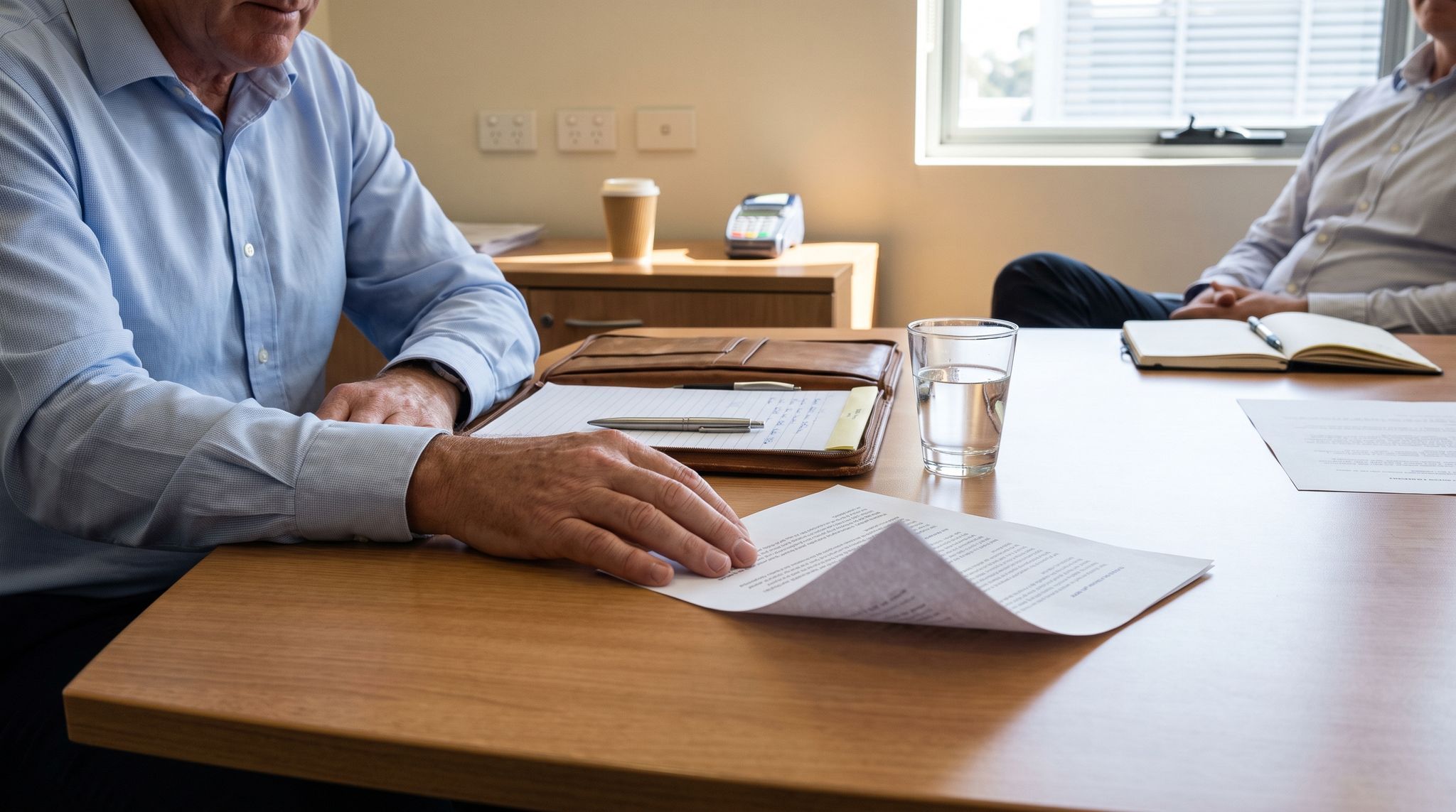 Seen low across a meeting room table, an owner rests one hand flat on a face-down printed sheet beside a leather folio and notepad, while across the table and out of focus the person assessing him sits back with a closed notebook and an unused pen