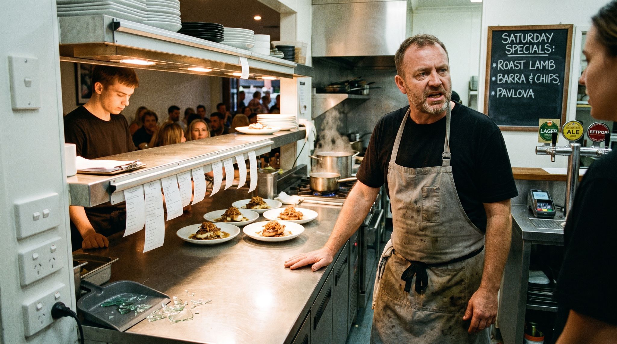 A restaurant pass at eight on a Saturday, dockets stacked and plated mains waiting under the lamps