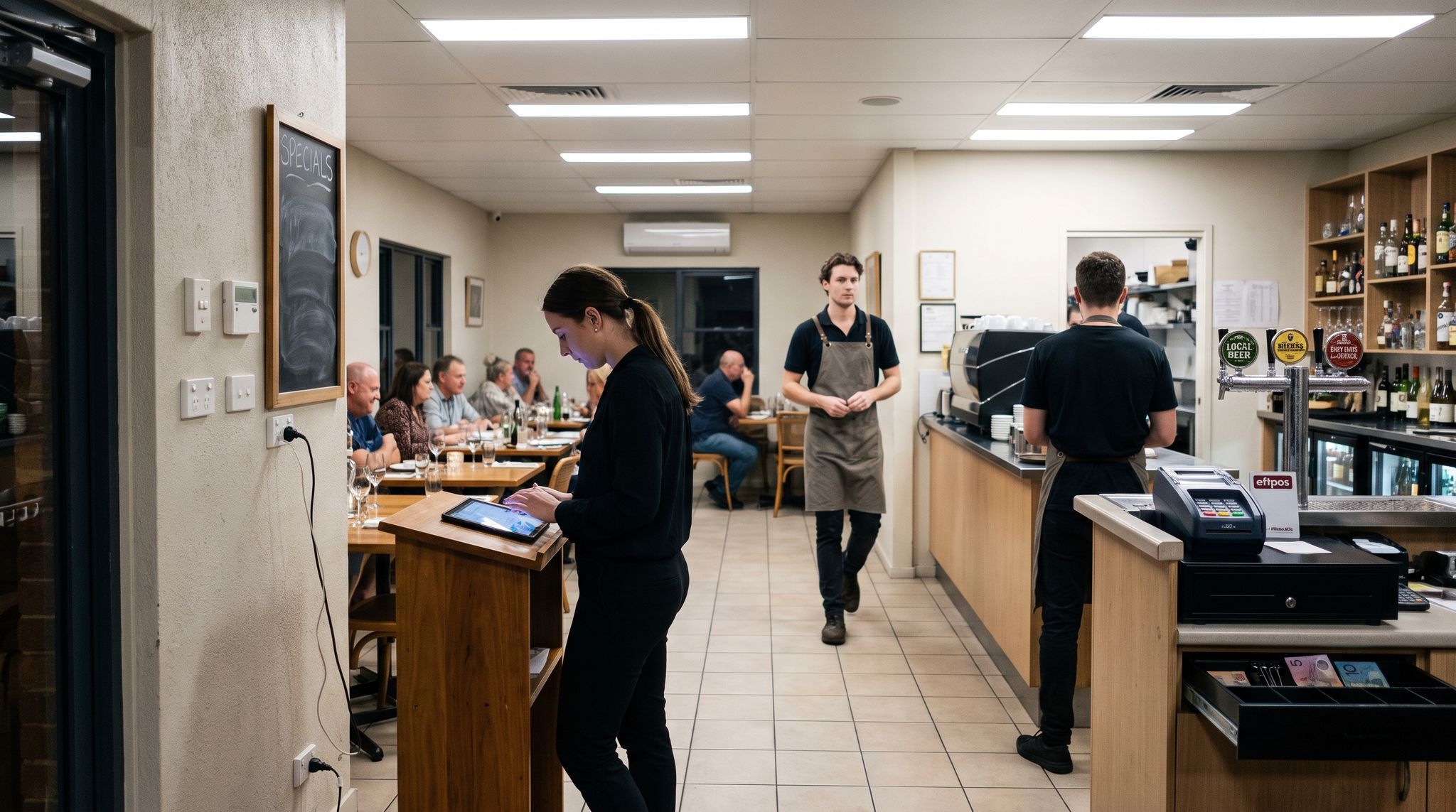 A restaurant host stand at the start of evening service, the room full but flat and no one looking up